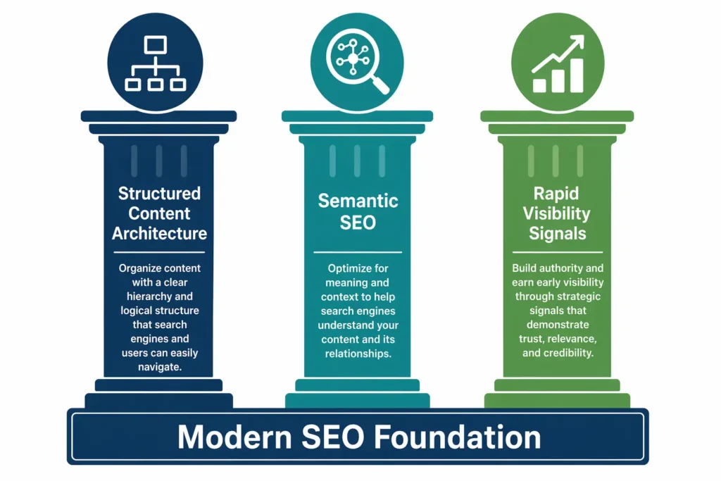 Diagram showing the three pillars of SEO: structured content architecture, semantic SEO, and rapid visibility signals on a white background
