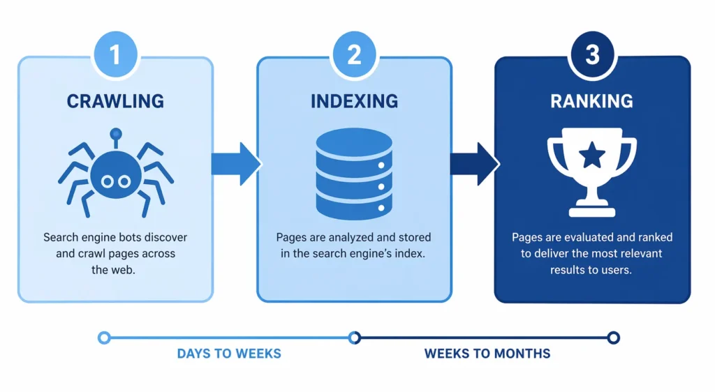 Three-step flowchart diagram showing how Google crawls websites, indexes pages in its database, and ranks content in search results