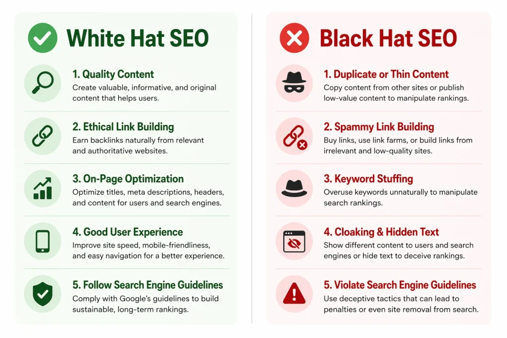Comparison infographic showing white hat SEO practices including quality content and ethical links versus black hat SEO tactics like keyword stuffing and link schemes
