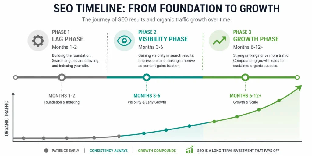 SEO timeline diagram showing three phases: lag phase months one to two, visibility phase months three to six, and growth phase months six to twelve with upward trending traffic curve