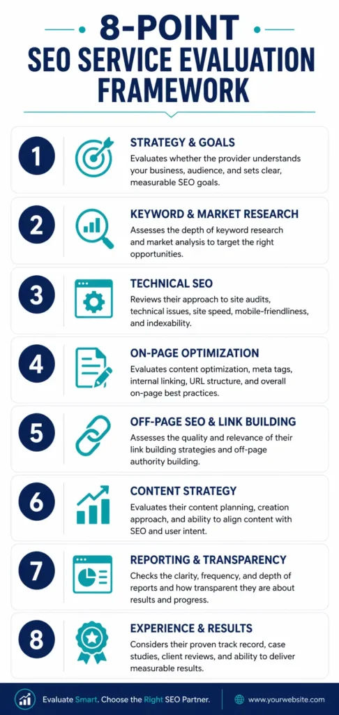 Infographic showing an 8-point checklist for evaluating SEO services including company legitimacy, client results, transparent pricing, and methodology transparency