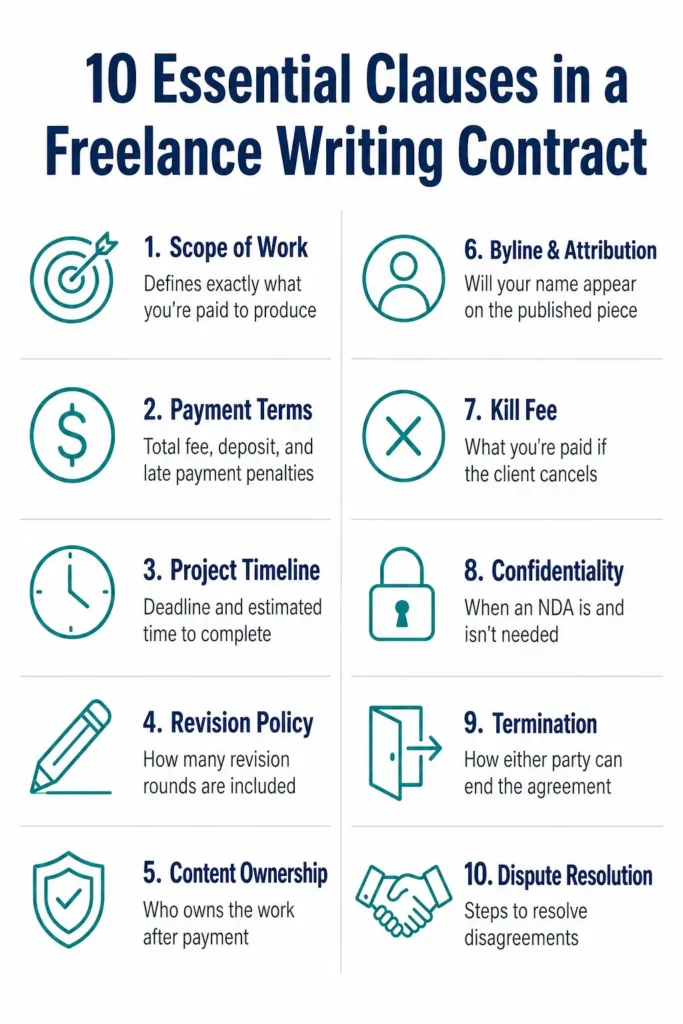 Infographic showing the 10 essential clauses every freelance writing contract needs including scope of work, payment terms, revisions, and kill fee explained in plain English