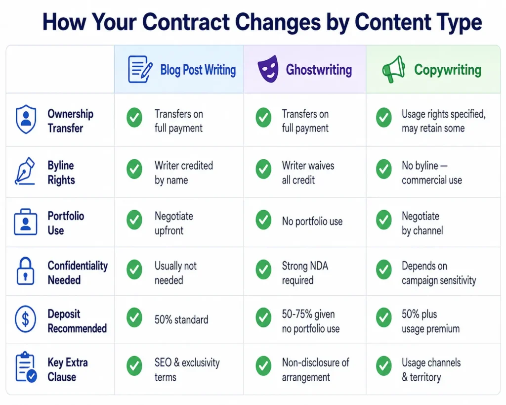Comparison chart showing how freelance writing contract clauses differ for blog posts, ghostwriting, and copywriting projects including ownership, byline, and confidentiality requirements