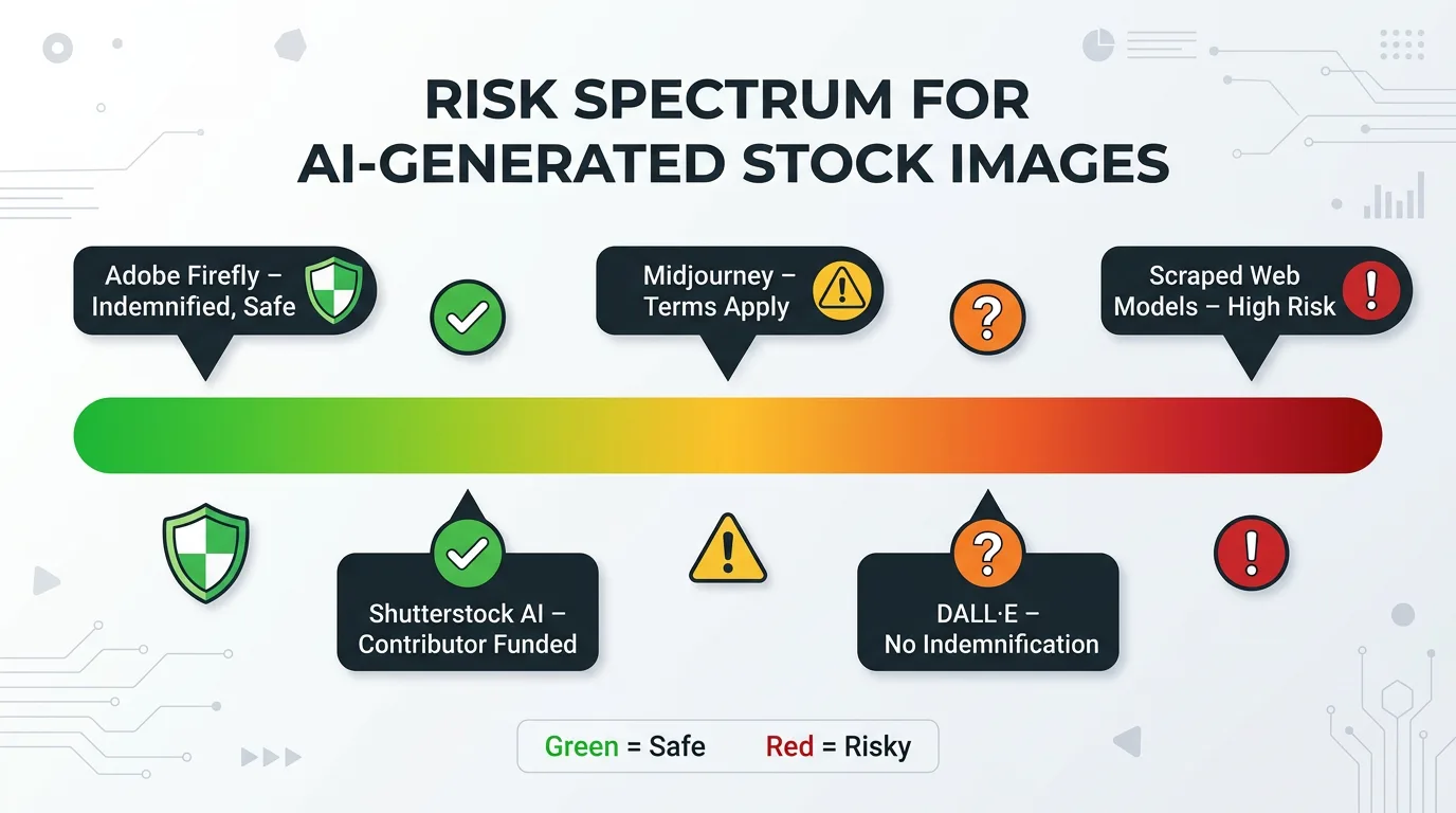 Risk assessment chart showing which AI image generators are safe for commercial freelance use and which carry legal uncertainty.