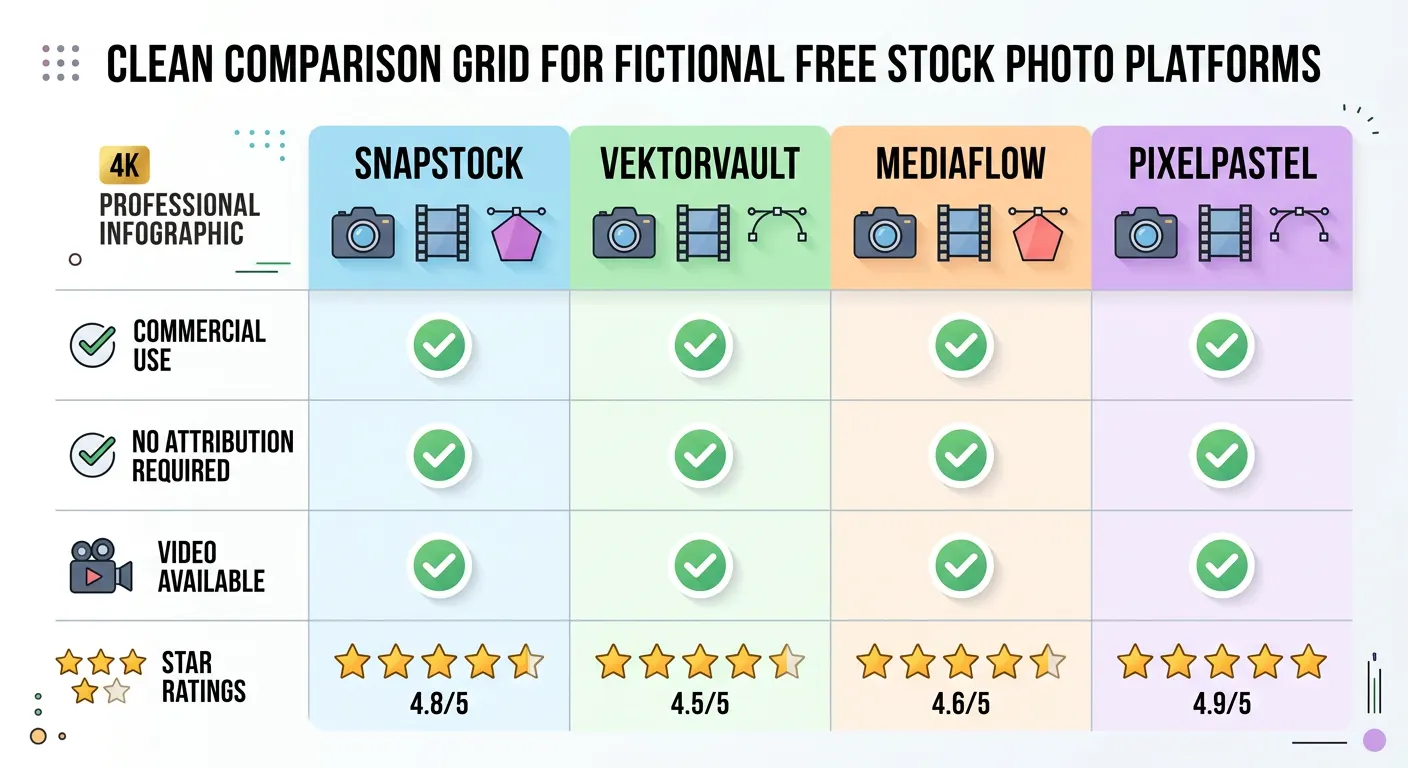 Infographic comparing Unsplash, Pexels, Pixabay, and Kaboompics on commercial use rights, attribution requirements, and video availability.