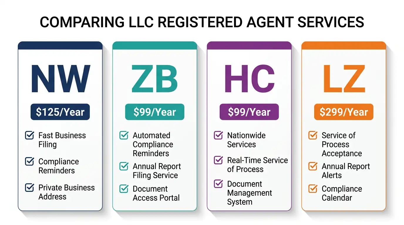 Comparison card infographic of four top LLC registered agent services showing annual pricing and key features for Northwest, ZenBusiness, Harbor Compliance, and LegalZoom