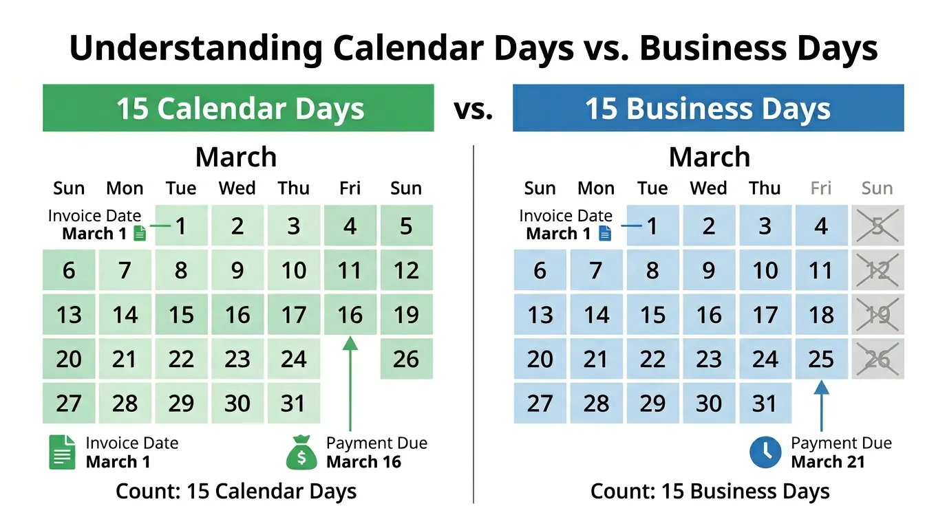 Calendar comparison showing difference between 15 calendar days and 15 business days for net payment terms including weekends