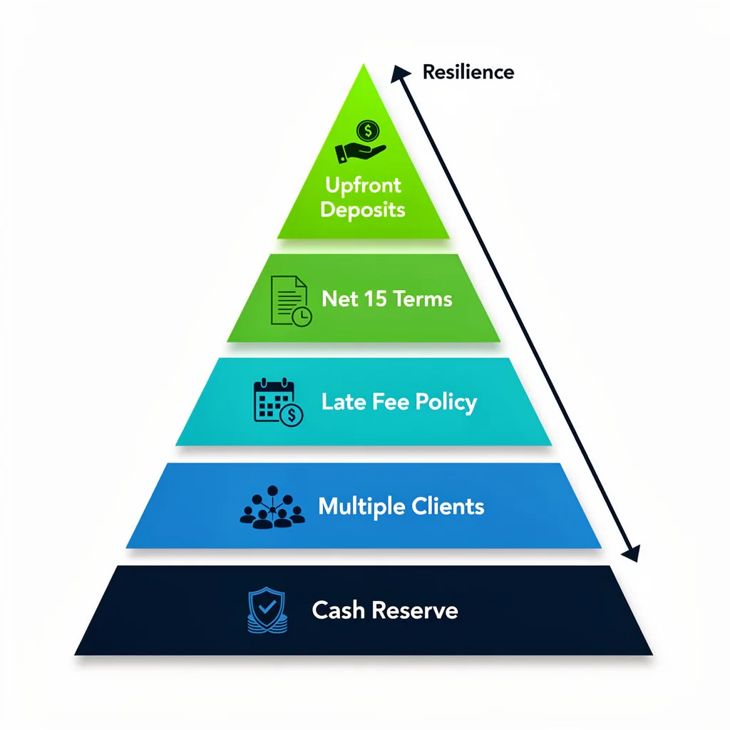 Pyramid diagram showing five-layer cash flow strategy combining upfront deposits, net 15 terms, late fees, multiple clients, and cash reserves