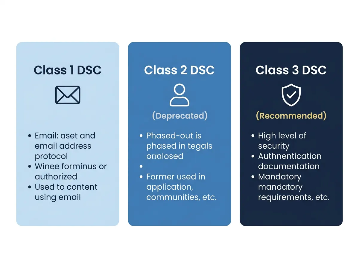 Comparison infographic showing differences between Class 1, Class 2, and Class 3 digital signature certificates including verification level and use cases