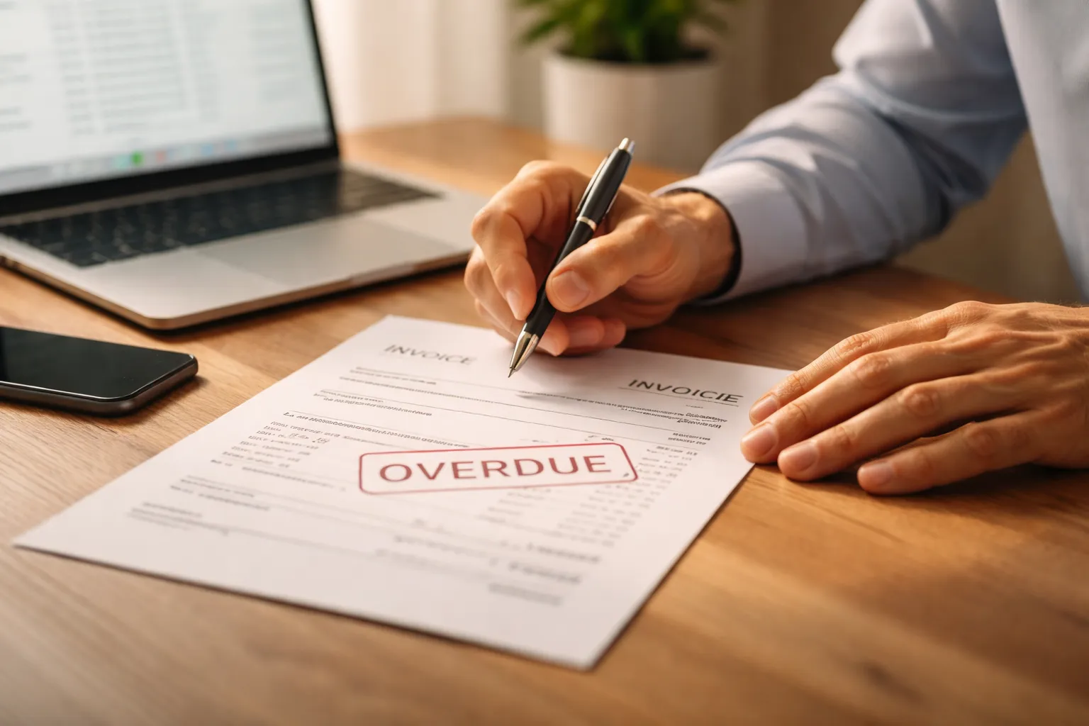 Realistic photograph of a professional invoice marked OVERDUE on a clean desk with pen and laptop, representing small business owners dealing with unpaid invoice collection challenges