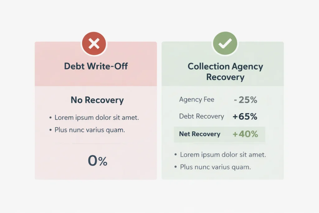 Infographic comparing the financial outcome of writing off an unpaid invoice versus using a collection agency, showing 75 percent net recovery after agency fees on a 10,000 dollar debt