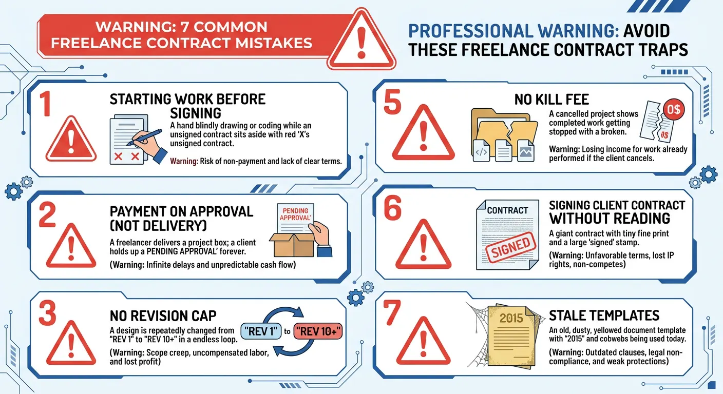Infographic showing 7 common freelance contract mistakes: starting work before signing, payment on approval not delivery, no revision cap, vague file format, no kill fee, signing client contract without reading, and using stale templates