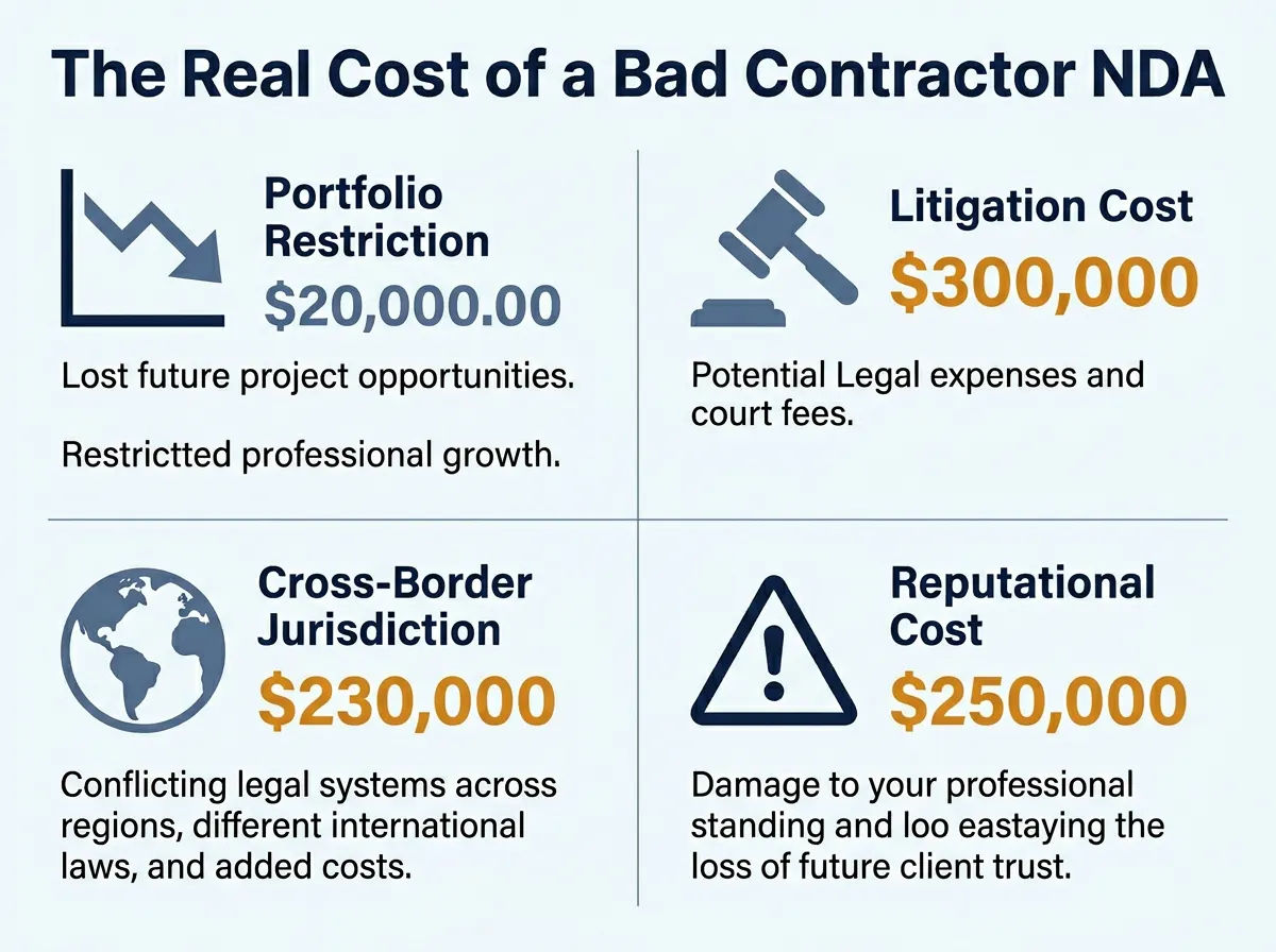 Infographic showing four cost categories of a poorly negotiated contractor NDA: portfolio restriction, litigation costs of $15,000 to $50,000, cross-border jurisdiction costs exceeding $100,000, and reputational damage