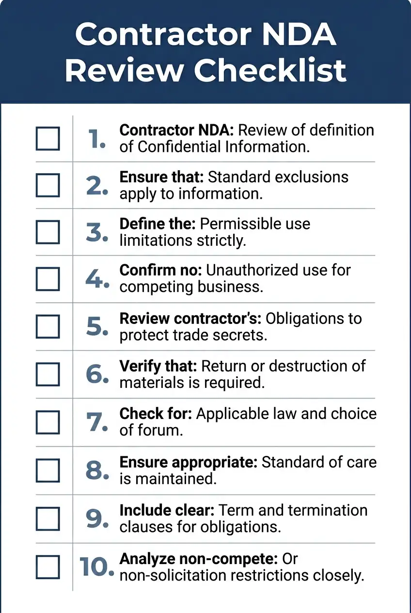 Ten-point contractor NDA review checklist covering confidentiality definition, exclusions, duration, portfolio rights, IP clauses, jurisdiction, remedies, residuals, and DTSA compliance