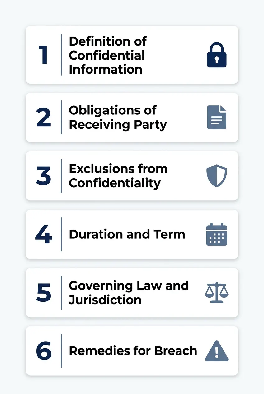 Numbered diagram showing the six essential clauses in a contractor NDA: confidential information definition, obligations, exclusions, duration, governing law, and remedies