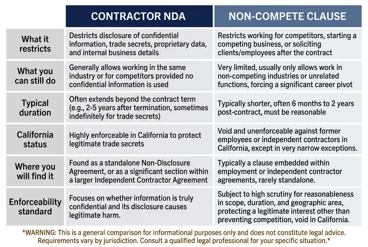 Comparison table showing differences between a contractor NDA which restricts information sharing and a non-compete clause which restricts future work, including enforceability differences in California