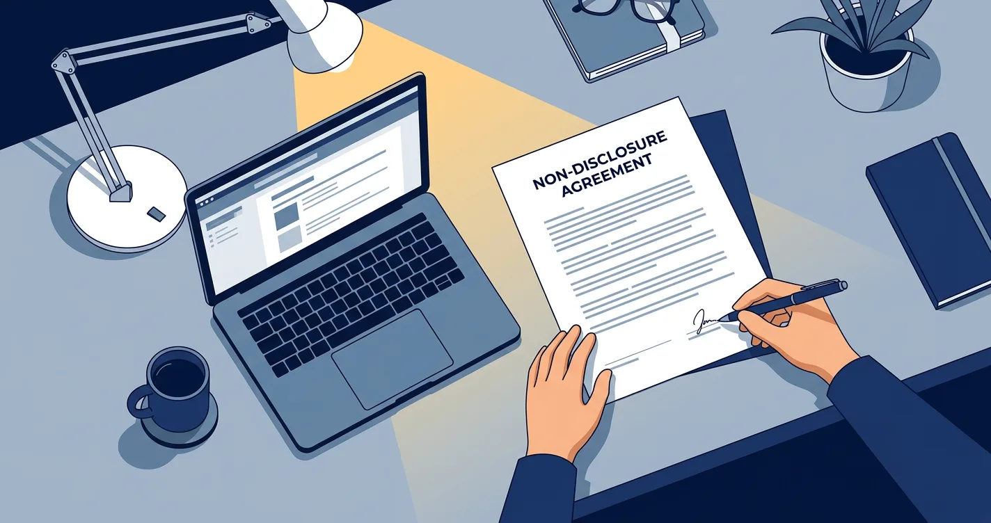 Freelancer reviewing a contractor non disclosure agreement document at a desk before signing, pen in hand