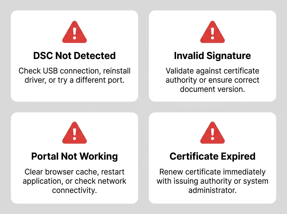 Four-panel infographic showing common digital signature certificate errors including DSC not detected, invalid signature, portal not working, and expired certificate with quick fix tips