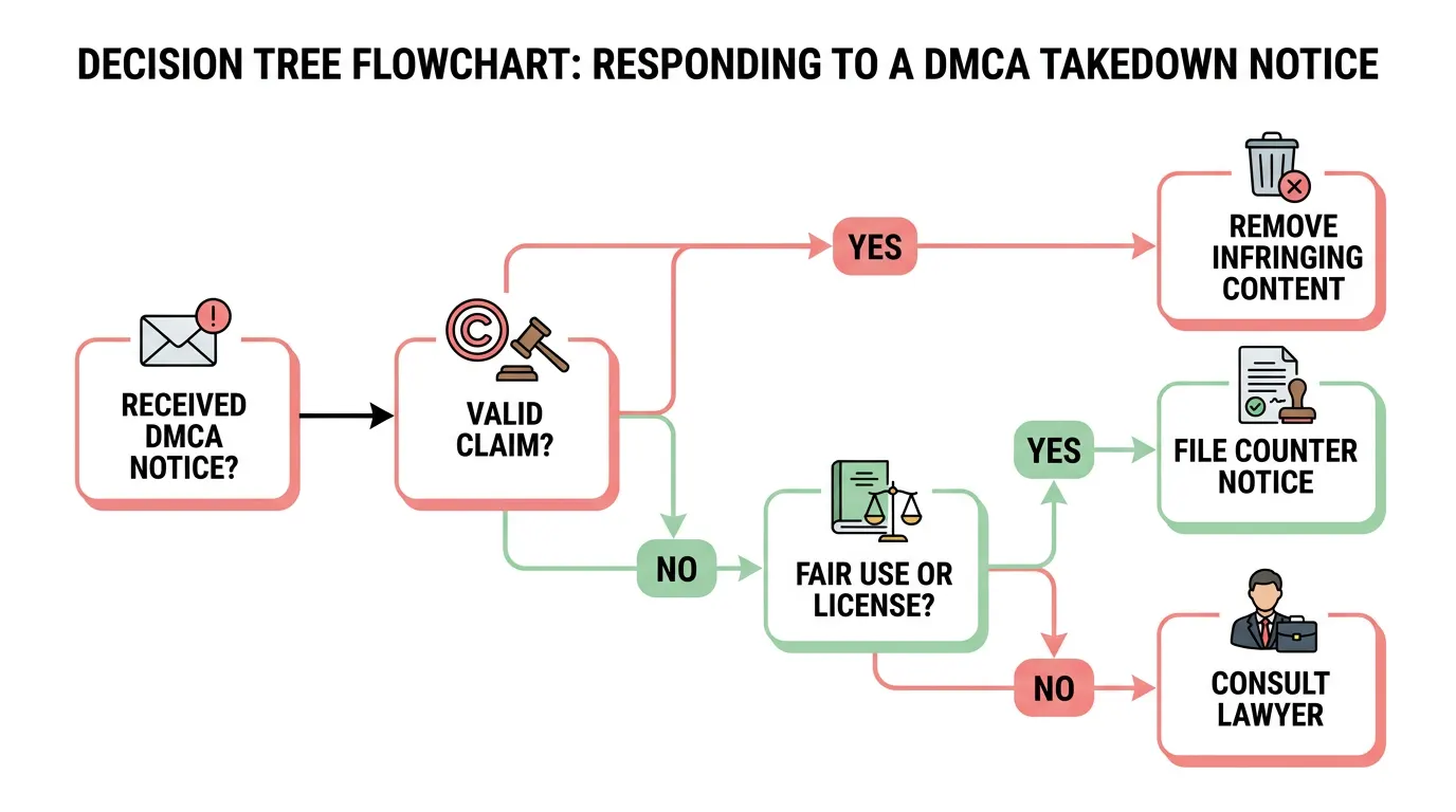 Flowchart decision tree showing the steps to take after receiving a DMCA takedown notice, including evaluating validity and whether to file a counter notification.