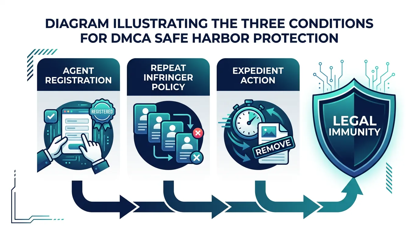 Diagram showing the three conditions online platforms must meet to qualify for DMCA safe harbor: registered agent, repeat infringer policy, and acting expeditiously on notices.