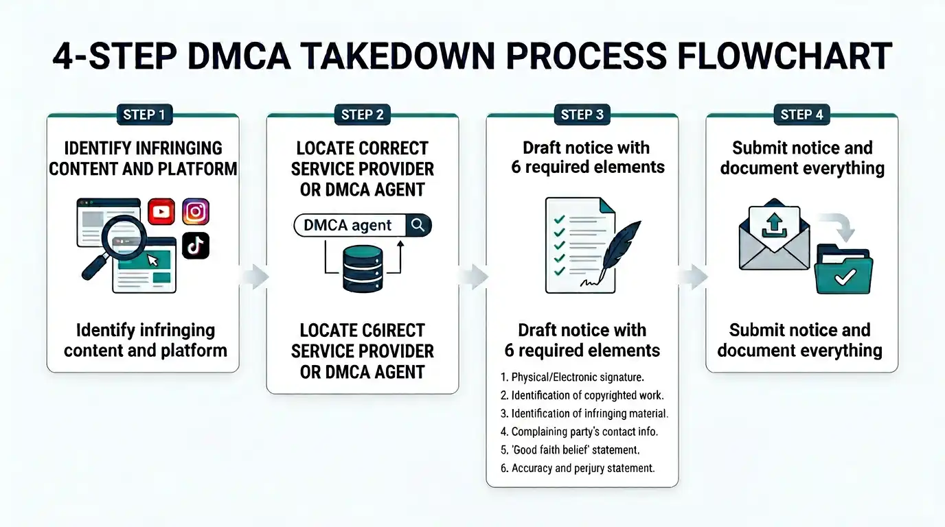 Flowchart diagram showing the four steps of a DMCA takedown notice process: identify infringing content, locate the DMCA agent, draft the notice with required elements, and submit it to the platform.