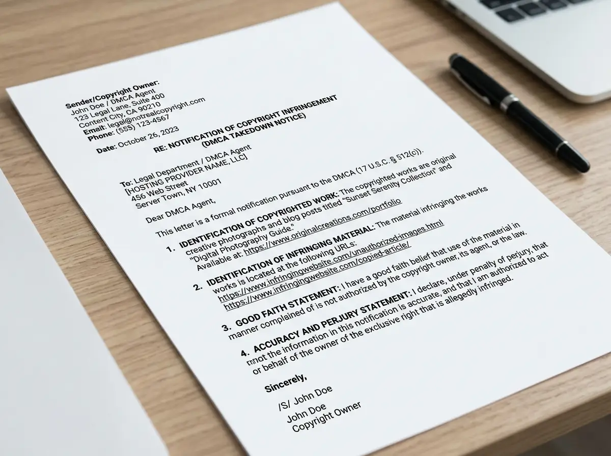 Example of a filled-out DMCA takedown notice letter showing all six required elements including the identification of copyrighted work, infringing URLs, and legal statements.