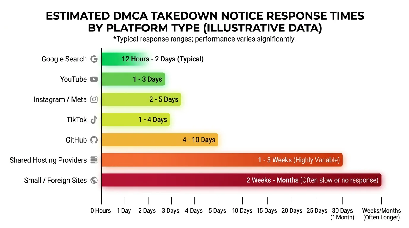 Bar chart comparing DMCA takedown notice response times across platforms: Google Search 24-72 hours, YouTube 24-48 hours, Instagram 1-5 days, TikTok 2-7 days, GitHub 3-10 days, hosting providers 5-14 days, and small websites over 14 days.