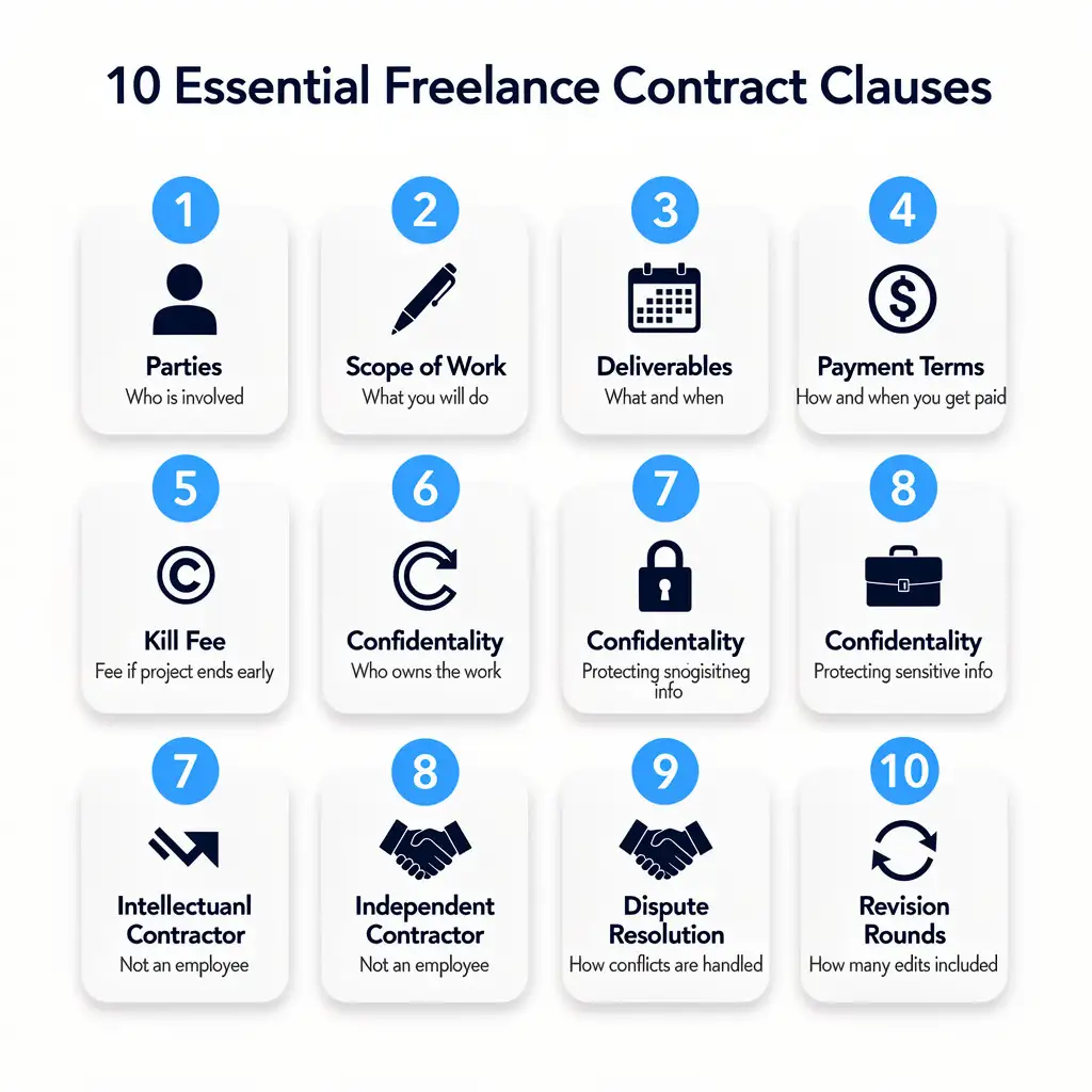 Visual checklist of 10 essential freelance writing contract clauses including parties, scope, deliverables, payment, kill fee, intellectual property, confidentiality, independent contractor status, dispute resolution, and revision rounds