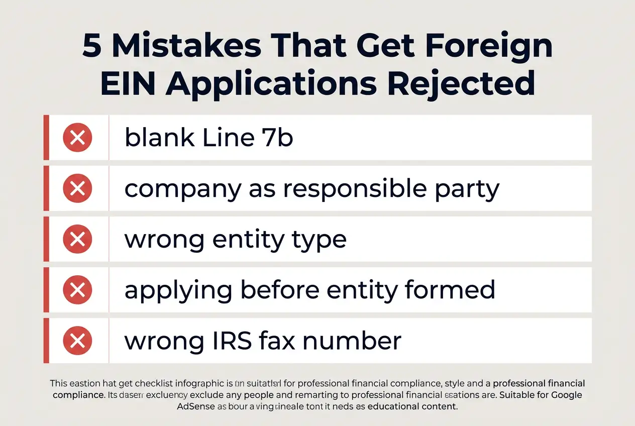 Warning checklist infographic listing 5 mistakes that get foreign EIN applications rejected including leaving Line 7b blank and using the wrong IRS fax number