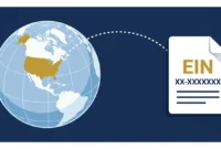Illustration showing a globe connected to an IRS EIN document representing the foreign employer identification number application process