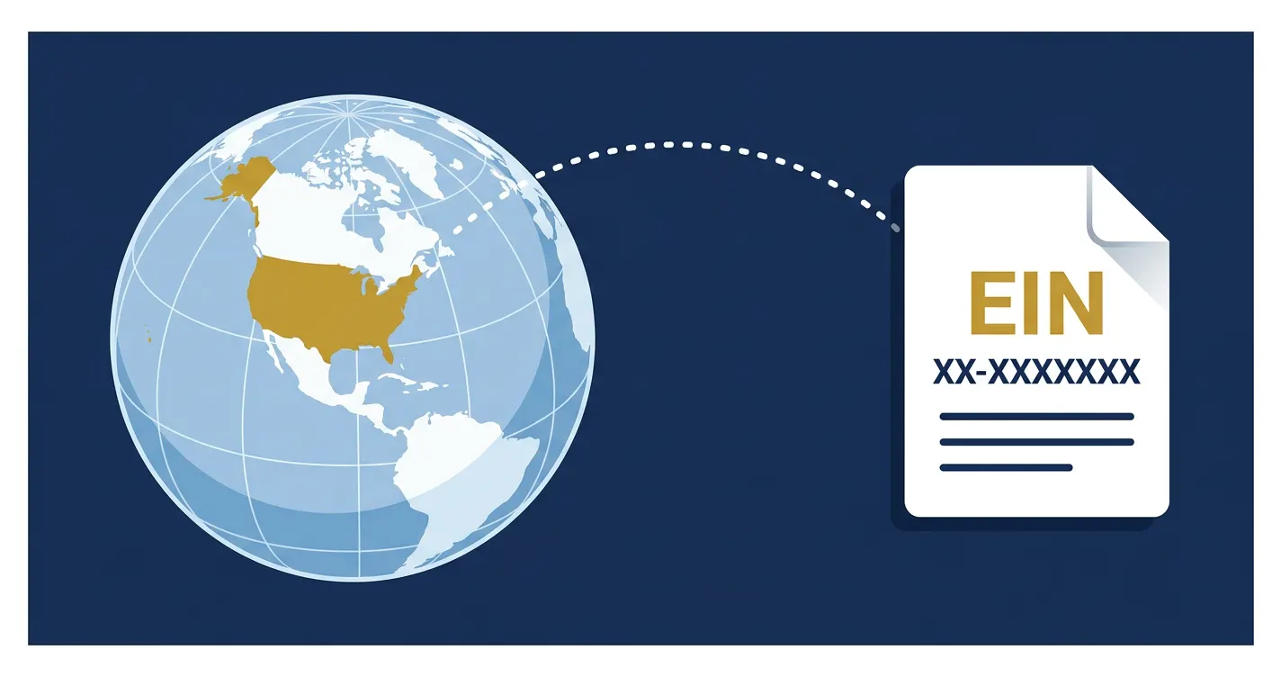 Illustration showing a globe connected to an IRS EIN document representing the foreign employer identification number application process