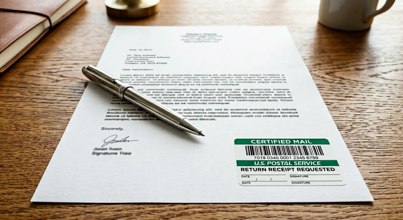 Top-down view of a formal business demand letter for an unpaid invoice with a certified mail return receipt sticker on a desk.