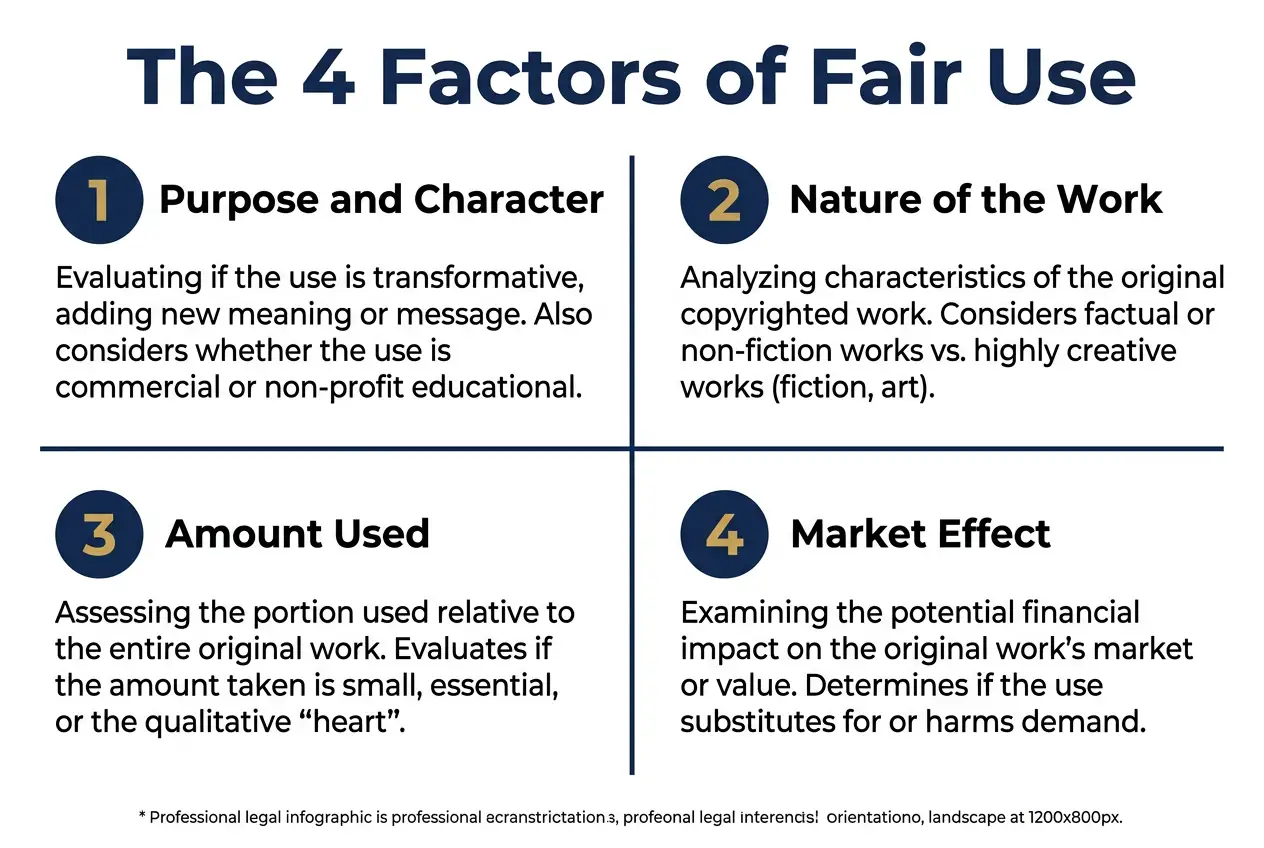Four-quadrant diagram showing the four factors of fair use in copyright law: purpose and character, nature of the work, amount used, and market effect