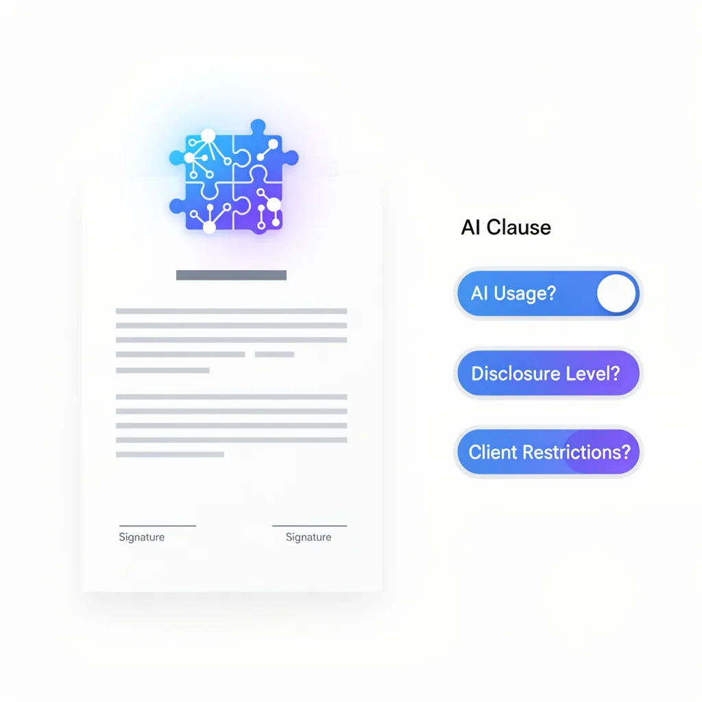 Conceptual illustration showing an AI clause being integrated into a freelance writing contract, highlighting AI disclosure requirements
