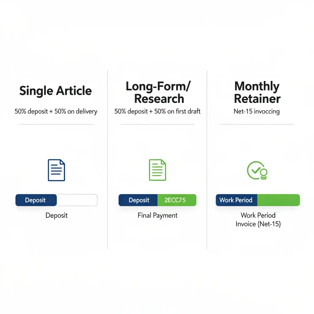 Comparison chart showing recommended payment structures for freelance writing projects: single articles, long-form content, and monthly retainers