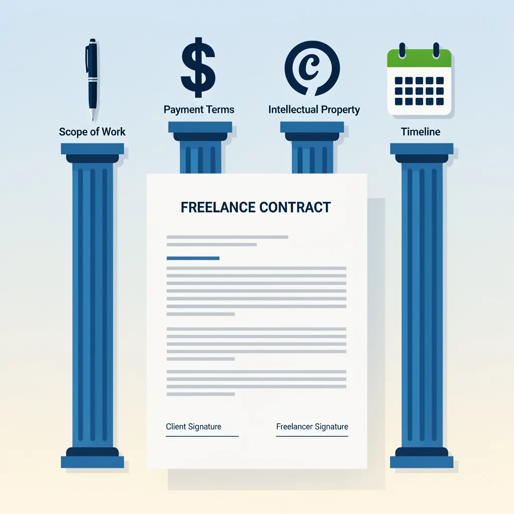 Flat illustration showing a freelance writing contract as the foundation supporting scope, payment, intellectual property, and timeline pillars