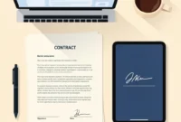 Featured image for freelance writing contract guide showing professional workspace with contract document