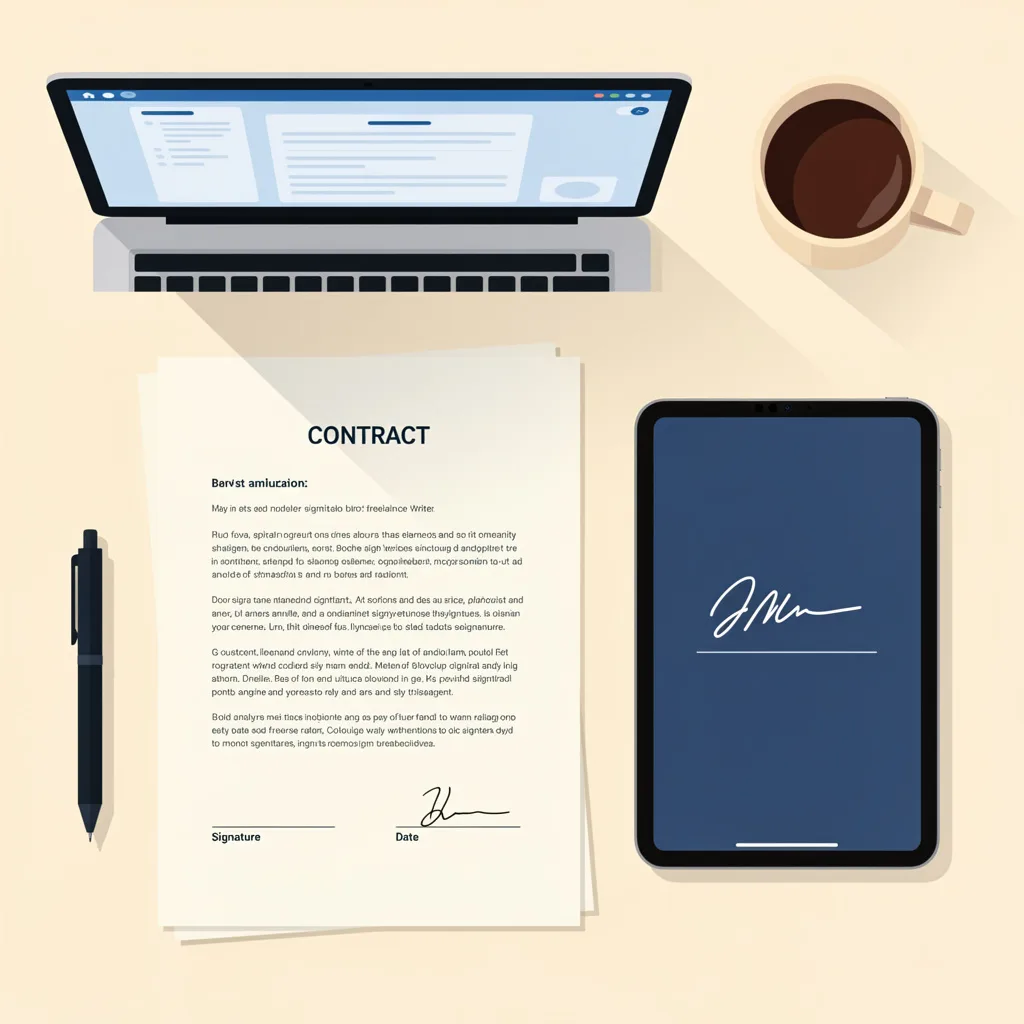 Featured image for freelance writing contract guide showing professional workspace with contract document