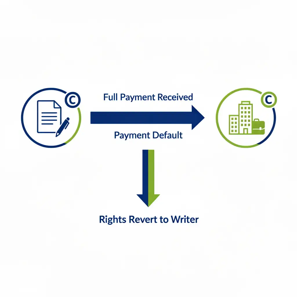 Diagram showing how copyright transfers from writer to client upon full payment, with rights reverting to writer on payment default