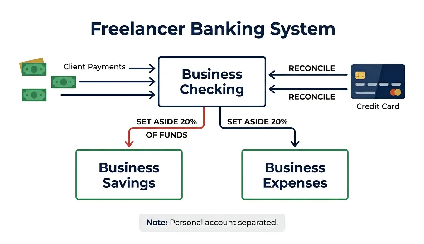 System diagram showing a freelancer's complete banking structure with US Bank business checking as the operational hub, business savings for tax reserves, and a business credit card for expense tracking