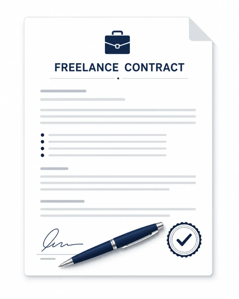Illustration of a signed freelancer contract document representing legal protection against intellectual property rights violations