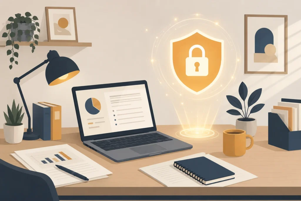 Illustration of a freelancer at a desk with a shield icon representing intellectual property rights protection for creative work