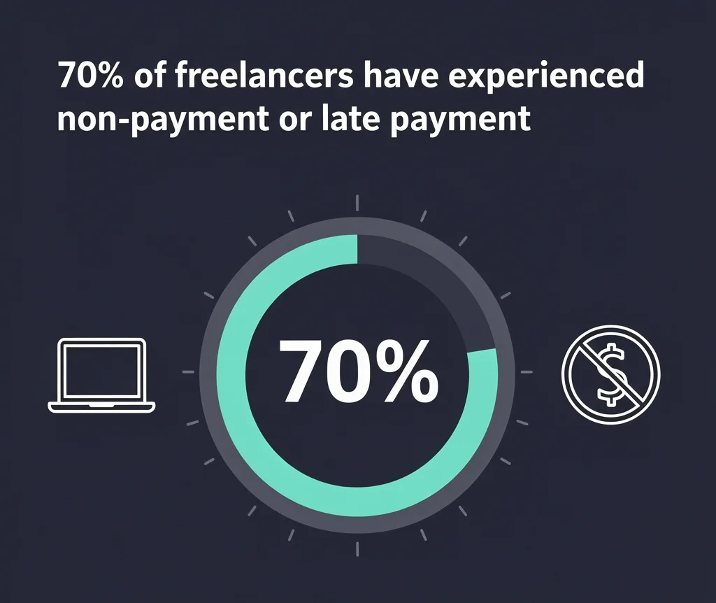 Data visualization showing 70% of freelancers have experienced non-payment or late payment according to Freelancers Union