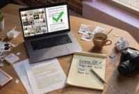 Freelancer’s desk with stock photo licensing research on screen, camera, and legal notepad.