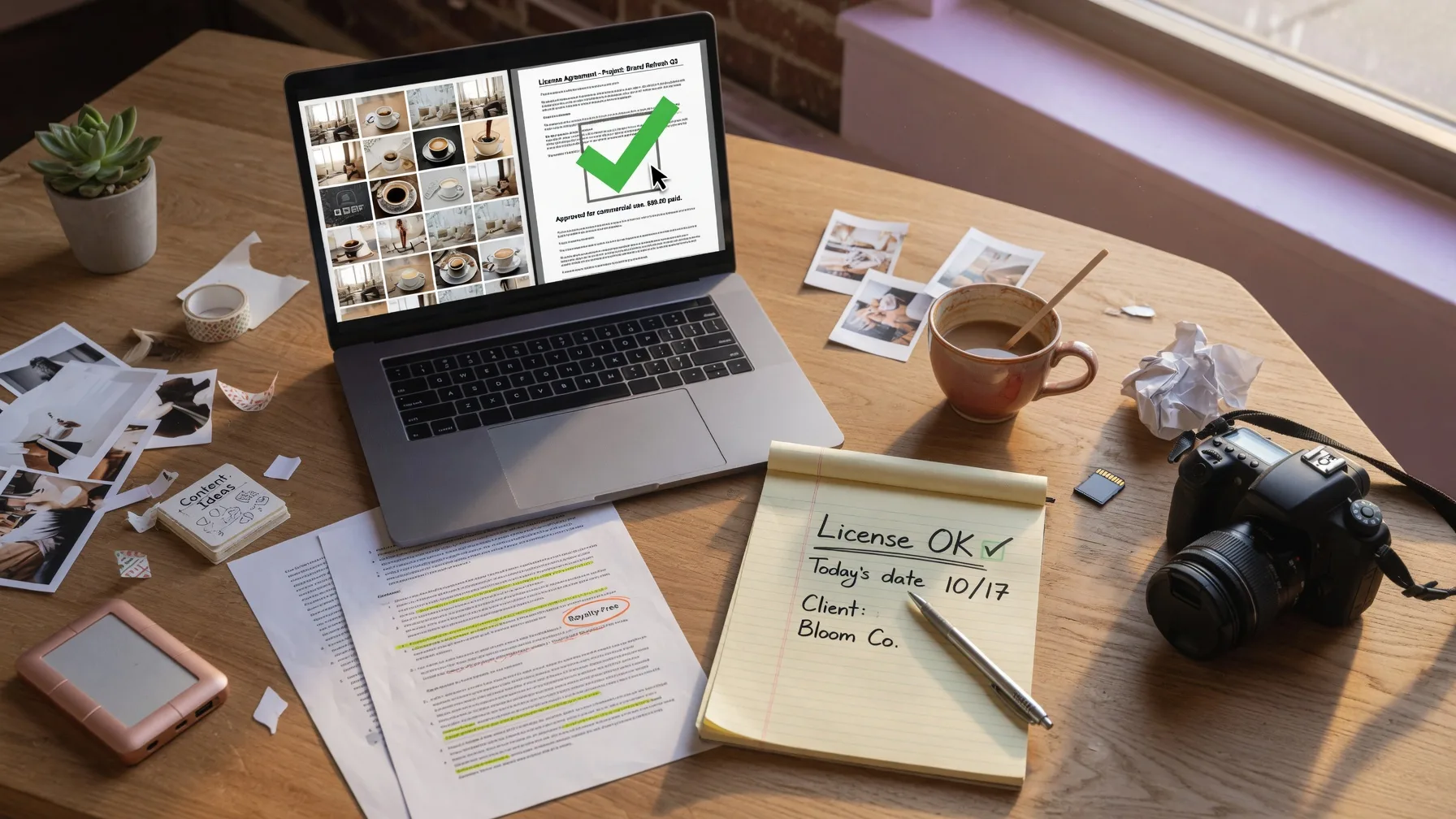 Freelancer’s desk with stock photo licensing research on screen, camera, and legal notepad.