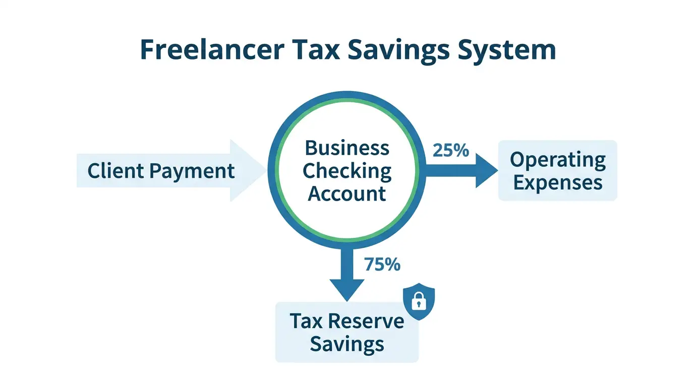 Flow diagram showing how freelancers should split client payments between a US Bank business checking account for expenses and a business savings account for tax reserves