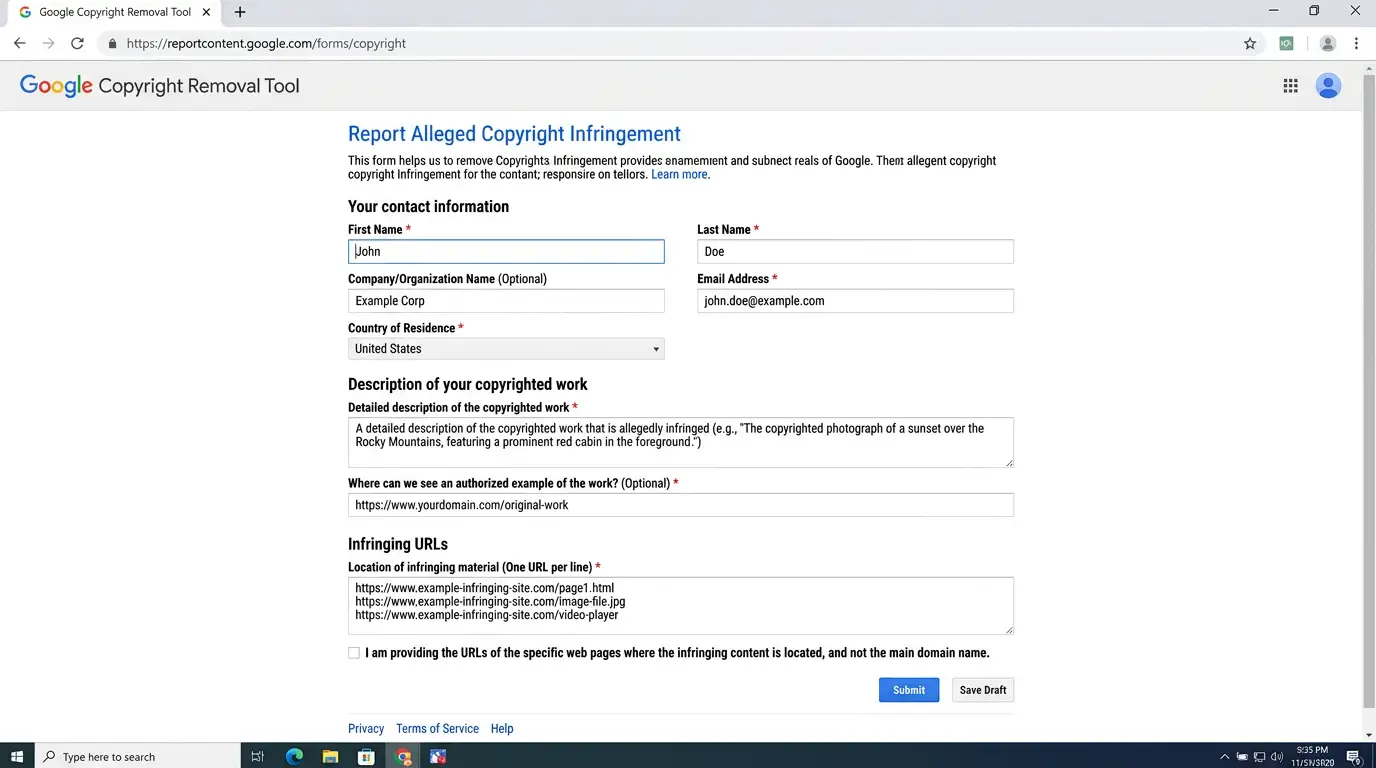 Screenshot of Google’s copyright removal web form showing fields for contact details, copyrighted work description, and infringing URLs.