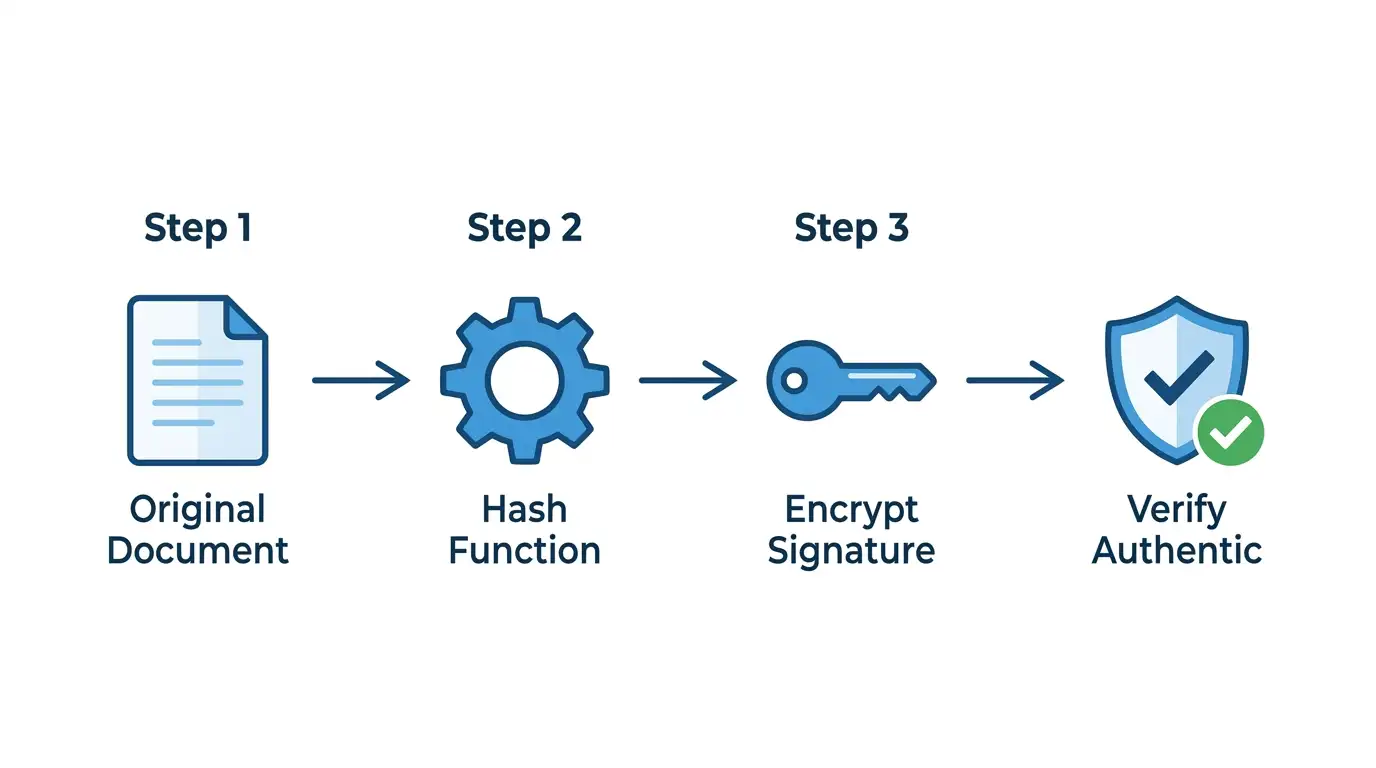 Four-step diagram showing how a digital signature certificate works using hash function, private key encryption, and public key verification