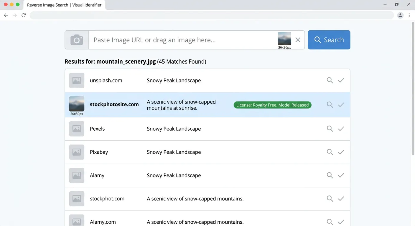 Mockup of reverse image search verifying a stock photo’s royalty-free license and copyright status before commercial use.