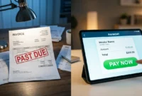 Split image showing a paper invoice stamped past due and a digital tablet with a pay now button, representing invoice collection solutions. how do i collect unpaid invoices